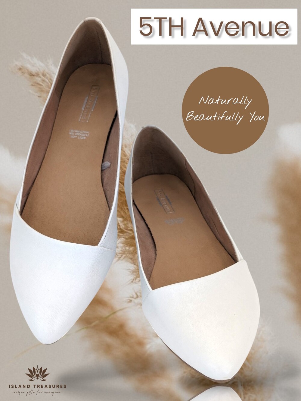 5TH Avenue Size 10 EU-Certified Genuine White Leather Pointed-Toe Ballet Flat